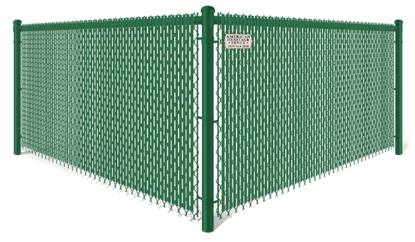 Green chain link fence with green privacy slats in Raleigh-Durham North Carolina